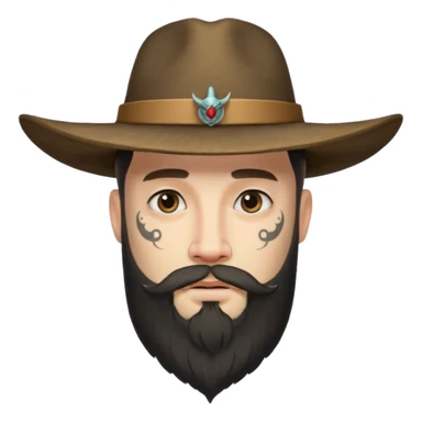 Bearded figure — large hat, faint horn symbols, tattoo on face sticker