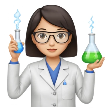 female asian chemistry teacher wearing glasses holdin a flask pointing right with straight short hair to her shoulders sticker