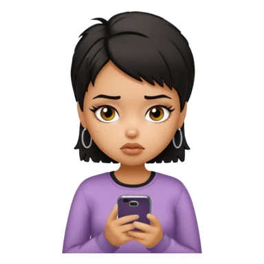 generate a pretty bratz girl with short black mess hair, looking tired and using her phone sticker
