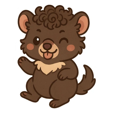 Tasmanian devil with curly hair, playful expression, full body, cute chibi style sticker