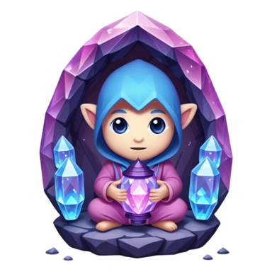 purple, blue, and pink crystal chibi creature holding a lantern inside a crystal-filled cave sticker
