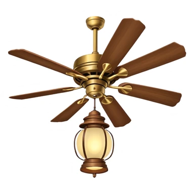 Ceiling Fan – wide-blade wooden fan spinning gently above lantern lights. sticker