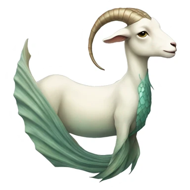 Goat attached to a long mermaid fish tail, creature mythology, watery earthy tones sticker