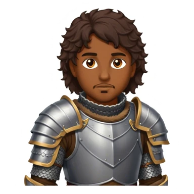 medieval battle armor worn by a DnD themed fantasy character. basic brigandine vest over chainmail with a fur-lined collar. armor only above the waist. The armor full waist. The character's haven't arms. character is dark brown hair amber eyes short wavy hair brown-skinned man. sticker