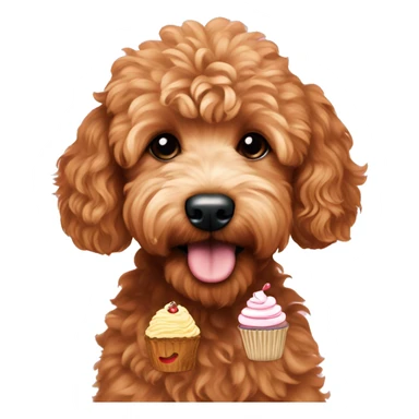 Red mini goldendoodle with a cupcake sticker
