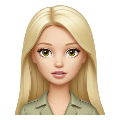 A white Barbie girl with long blonde straight hair in pale olive clothes smears cosmetic cream on her face sticker