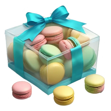 Realistic transparent plastic box with a tiffand blue ribbon and bow around the box and pastel macarons inside of it. sticker
