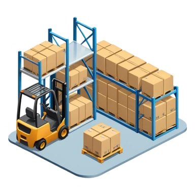 Isometric warehouse with forklift and storage racks inside, large cargo door sticker