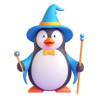 penguin wearing a wizard hat and holding a magic wand sticker
