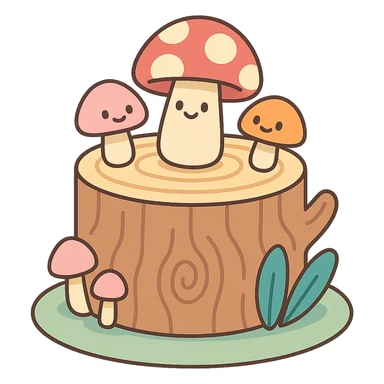 tree stump cake topped with mushrooms, forest dessert concept, pastel colors, pastel-toon style sticker