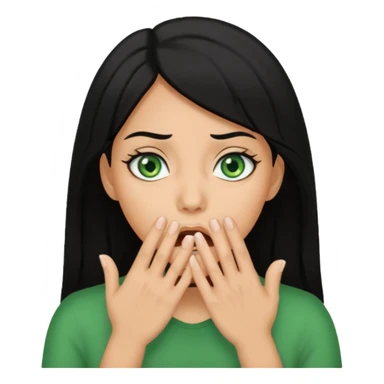 A realistic half-length portrait of a frightened woman with hands to her mouth, black hair and green eyes sticker