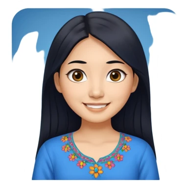 30 yr old asian woman center parted hair big eyes big smile tanned skin straight black hair hippie part hair blue blouse sticker