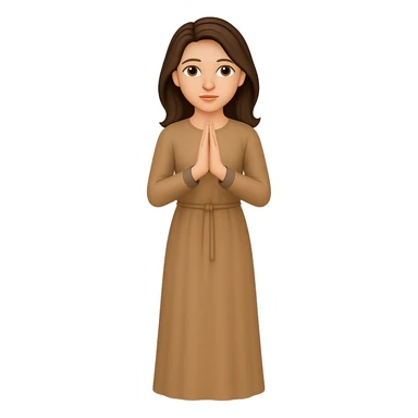 Create a fourth variation of a woman standing and praying from the front view, wearing a long tan dress, with dark brown hair, matching the body figure of the reference image. The style should emulate emoji style. Remove the background. sticker