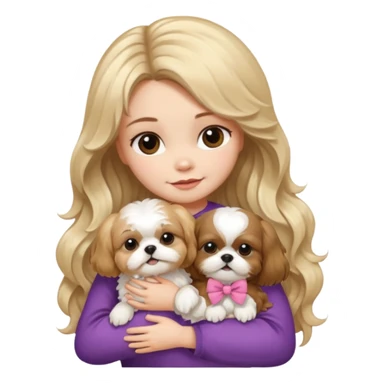 a girl with long, wavy brunette hair hugging a Shih Tzu with blonde fur and a cute bow sticker