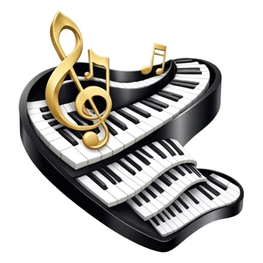 Create a detailed and elegant emoji collage representing keyboard instruments in a celebratory and professional style, reminiscent of a coat of arms. The design should feature a central arrangement of black and white piano keys, forming a symmetrical, powerful image. Around the keys, include a flowing ribbon of musical notes that intertwines with the keys, creating a sense of movement and harmony. Use gold and silver accents to highlight the keys and musical notes, giving the design a festive, high-quality appearance. The design should convey professionalism, elegance, and a sense of occasion. Add subtle reflections on the piano keys to enhance the polished look. The background should be transparent. sticker