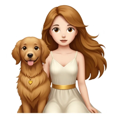 A beautiful girl with big eyes, fair skin, long brown hair with white dress and a Golden Retriever sticker