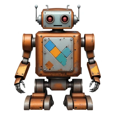 Rusted scavenger robot with patchwork body plates sticker