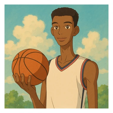 Wembanyama holding a basketball, soft colors, whimsical atmosphere, Ghibli style sticker