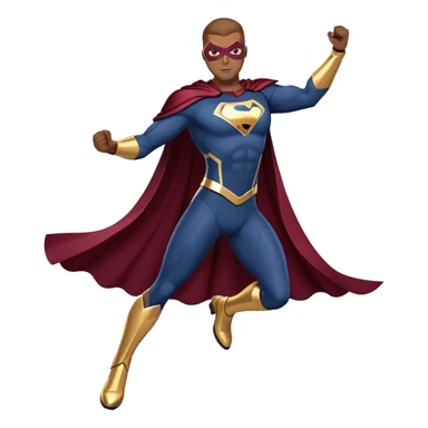 superhero in dark blue and maroon bodysuit with gold accents, digital cape, maroon boots, dynamic pose sticker