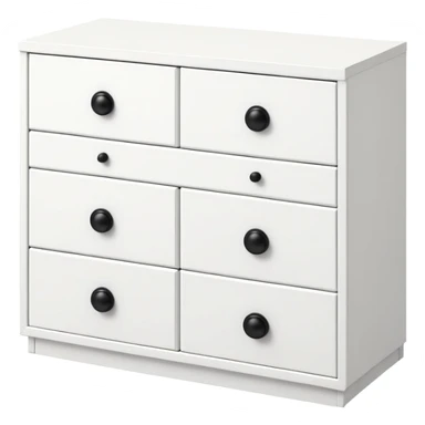 IKEA-style white 6-drawer chest with one small black knob per drawer, minimalist design sticker