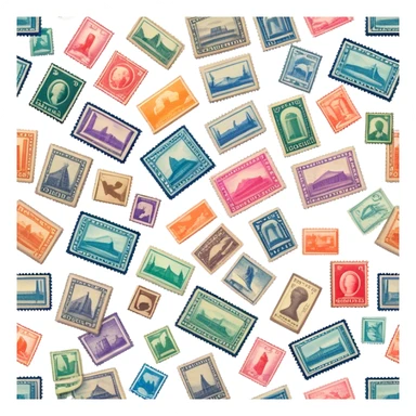 Icon for Stamp Collecting: a large stamp block in the center and a collection of vintage and colorful stamps arranged in an album or on a desk, with showcasing different themes. The icon should reflect the charm and history of philately. Transparent background. sticker