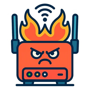 A bold and impactful router symbolizing the backbone of internet connectivity, depicted as overheated, heroic, or as a techno-meme sticker
