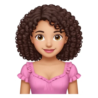An emoji of a Latina girl with curly hair and a cute smile, she's wearing a pink dress, her name is ellazulis. sticker
