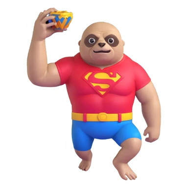 Sloth from The Goonies, muscular friendly man with distorted face, large eye, wearing red Superman shirt in a cave with treasure sticker