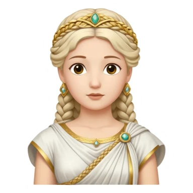 An emoji portrait of an ancient Roman princess. She wears a white stola dress with a gold-trimmed palla draped over her shoulders. She has an intricate braided hairstyle adorned with a delicate gold diadem. Her expression is calm and dignified. sticker