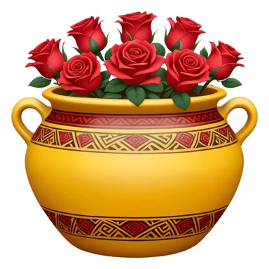 Yellow ceramic pot with red roses; the pot is decorated in an ethnic style. sticker