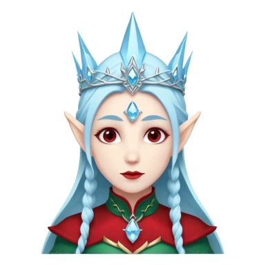 Fantasy elf portrait emoji, icy blue crystal crown with deep red accents, elegant elven features, cold noble winter expression, ice and crimson color palette, minimal clean design, flat readable emoji style, male/female variant sticker