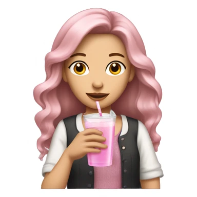  brunette girl with long hair and light pink hair bows and clothes holding a drink sticker