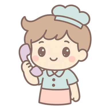 Make the waiter answer the phone, picture taken from the waist up, same kawaii chibi anime style, flat pastel colors, thick outlines, simple cute features, transparent background. sticker