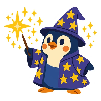 a cute penguin wizard casting a spell, wearing a starry robe and holding a wand, magical sparkles around sticker