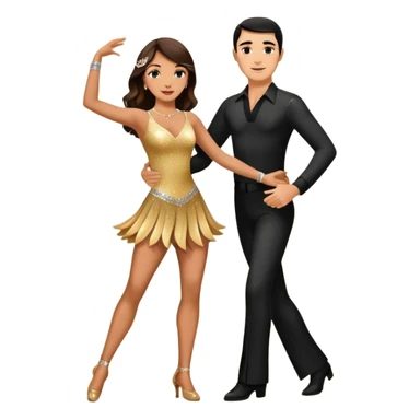 Photorealistic dancesport professional latin couple dancing the samba at the competition dancefloor, the women is in skinny sparkly dress, , the women has brown long hair, the man has short black hair, the man hold woman's hand by his one hand and his second hand is on the women's waist  sticker