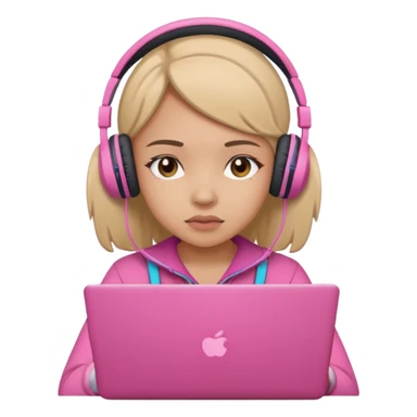a girl with a pink laptop with headphones, color outline icon style, looking sad sticker