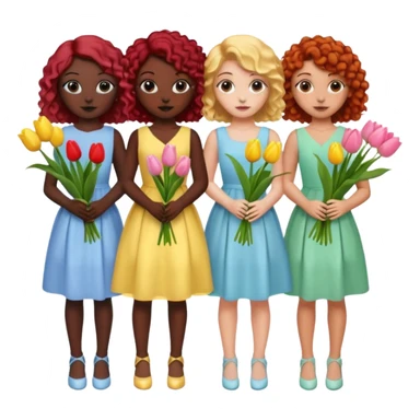 5 girls at a garden party wearing pastel dresses and holding tulips, one is black, one is blond, one has brown hair, one has red hair, the last one is has curly hair sticker