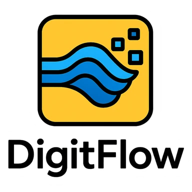 modern tech icon for DigitFlow incorporating a digital flow or data stream sticker