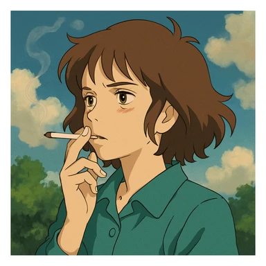 a girl smoking, different artistic style, ghibli style, detailed, expressive sticker