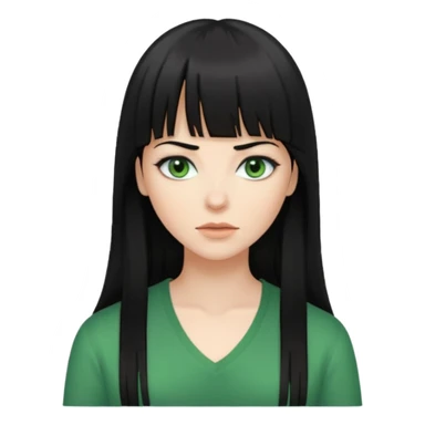 A white woman with Long straight hair with bangs, black hair, green eyes and a low-cut shirt sticker