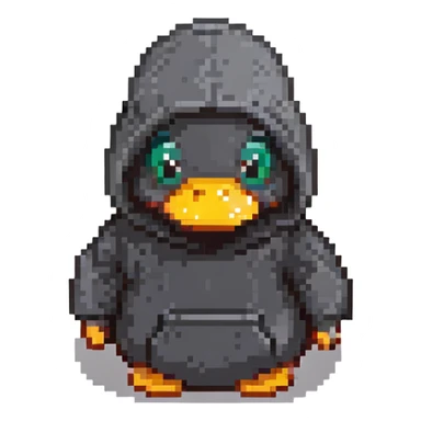 black rubber duck with tiny hoodie, hacker sticker