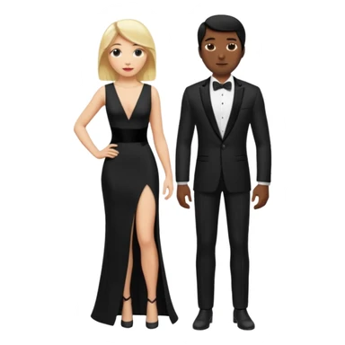 Blonde woman, black, Long, tight, sleveless Dress, Slot left Leg, man, black Hair, in Dinner jacket, Background ballroom sticker