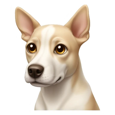 cream white colored dog, pointy ears, brown eyes, light brown nose sticker