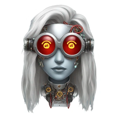 Silver long hair female cyborg head with red steampunk goggles and circuits sticker