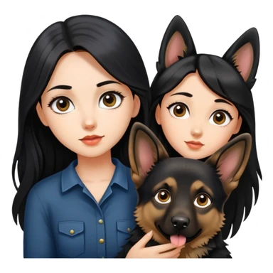 A beautiful girl with big eyes, fair skin, long black hair, and a German Shepherd dog sticker