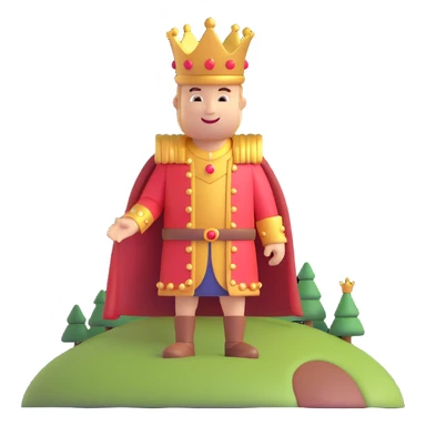 3D king character on a rounded hill, smiling, with a golden crown sticker