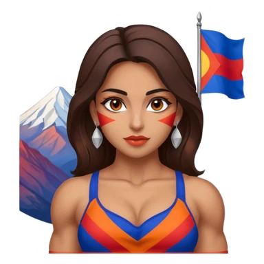 sexy and muscled, full body, brown skin Armenian caucasian girl, sexy Armenian girl, beautiful eyes, makeup, earrings, muscled, surrounded by mountains, Flag of Armenia - red, blue and orange stripes sticker