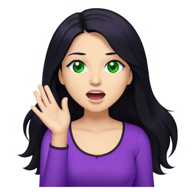 Woman with long black hair and green eyes with a purple top singing sticker