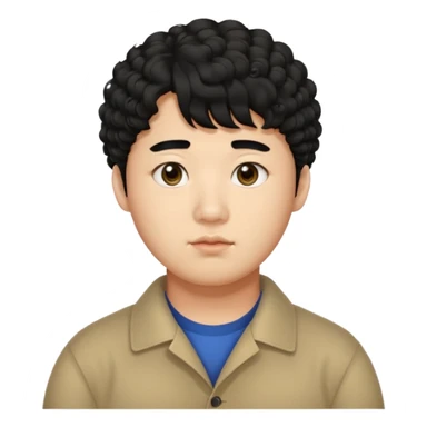 a Korean man in 20s with a curly hair and bangs, chubby cheeks, big monolid eyes , dark eyebrow, sticker