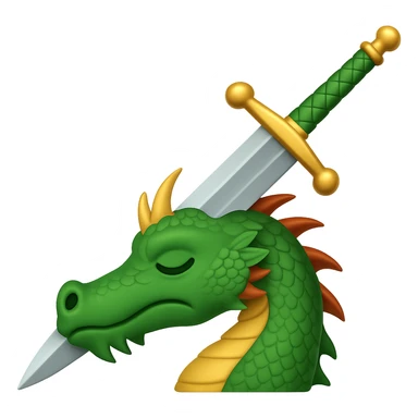 Make the sword much larger, keep the green dragon's head defeated, symbolizing conquering a challenge, in WhatsApp emoji style with no background. sticker